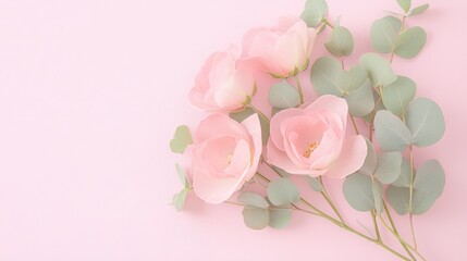 Fototapeta premium Pink flowers with green leaves on a pink background