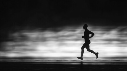 A focused runner is captured mid-stride, silhouetted against a soft, blurred backdrop that suggests movement and speed during dusk.