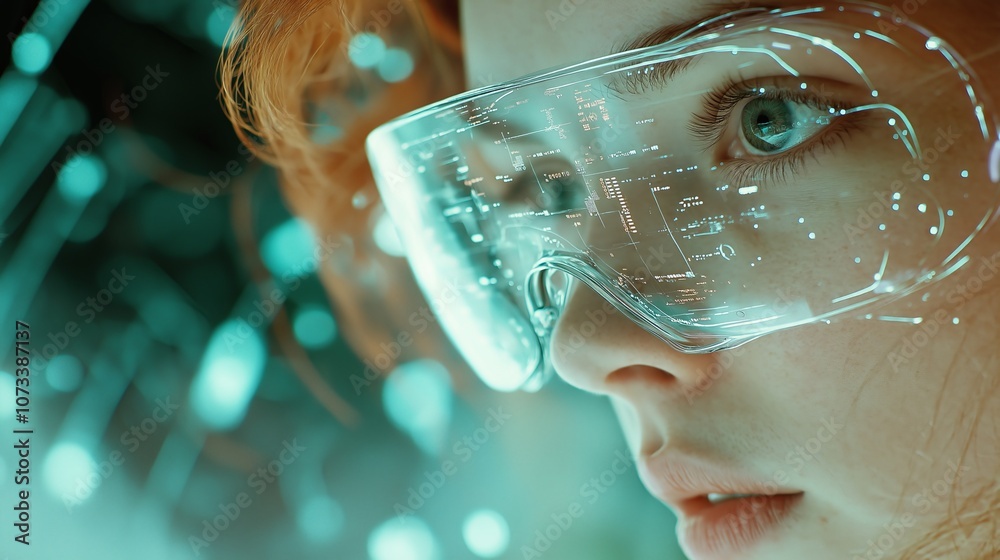 Poster girl in hi-tech vr glasses with elements of artificial intelligence. background in a high-tech style