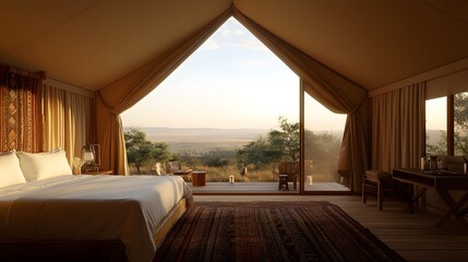 View into a beautiful lodge in the Masai Mara, with a luxurious tent – Showcasing the elegance of safari accommodations, nature, and African wildlife heritage