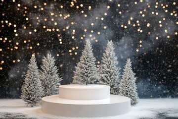 White podium with fir trees and falling snow. Display for winter holidays, New Year and Christmas product presentation with generative ai