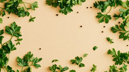 Flat lay of parsley leaves on a warm beige background, with earthy tones and delicate peppercorns sprinkled