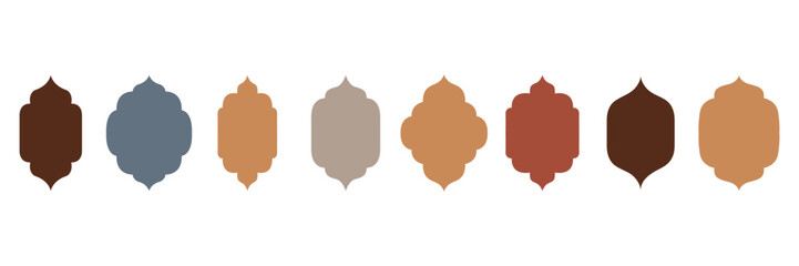 Collection of oriental style Islamic frames and windows, arches with modern boho design, moon, mosque 