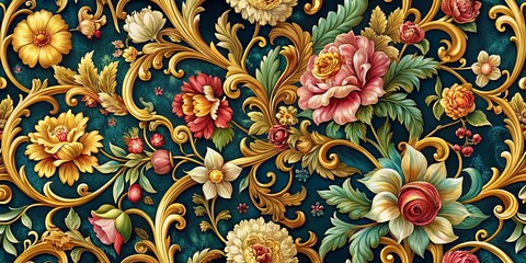 A vibrant floral tapestry interwoven with ornate golden scrollwork on a deep teal background.