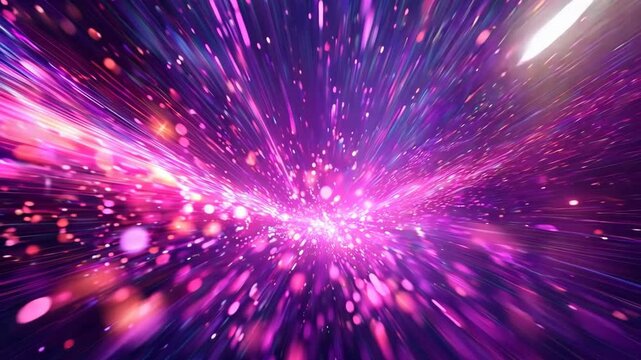 Movement through neon pink particles concentrated in the center. Outer space effect with particles.