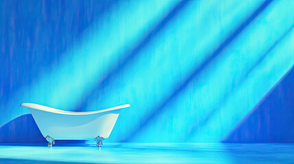 A serene bathroom scene featuring a blue bathtub and soft light.