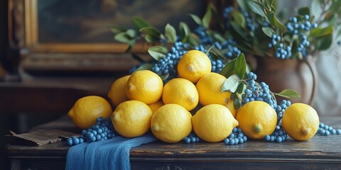 Fresh lemons with greenery on rustic blue wooden background