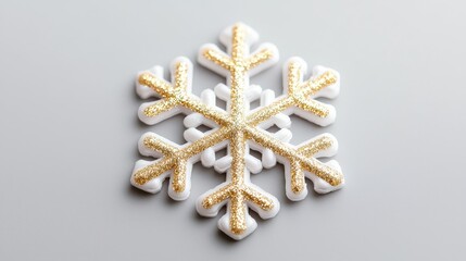 polished snowflake with gold glitter finish, positioned on light gray background,