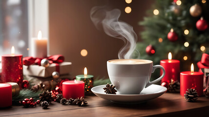 A beautiful  steaming cup of hot coffee sits on a table. Festive Christmas holiday decorations and defocused lights background.