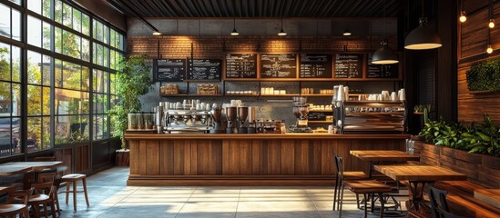 Modern coffee shop interior with wooden counter, exposed brick wall and large windows.