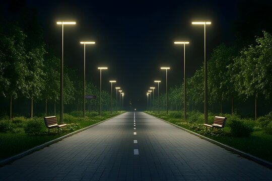 Liminal outdoor space featuring a street-side bench at night with street lights – Capturing a quiet, atmospheric moment of solitude and urban serenity