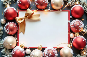 New Year, Christmas, ,Greeting Card Mockup on Snowy Background Among New Year Baubles and Bow - Space for Text, Congratulations,  Thanksgiving, Advertisement, Invitation, Shop Sale