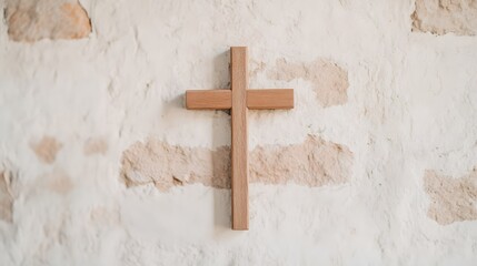 Wooden Cross in an Old Stone Chapel - Close-Up View Showcasing Timeless Faith and Rustic Charm