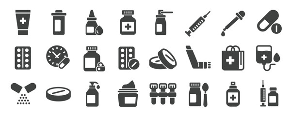 Medical drugs glyph solid icons collection. Containing  pharmacy, pill, prescription, health etc icons. For website marketing design, logo, app, template, ui, etc. Vector illustration.