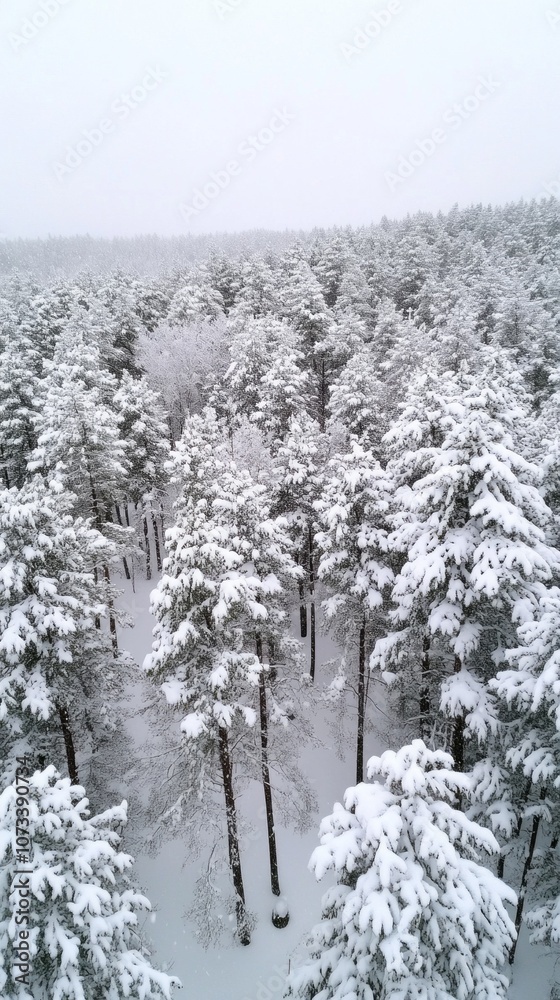 Poster a snowy forest with trees covered in snow
