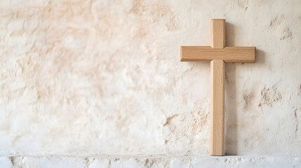 Wooden Cross in an Old Stone Chapel - Close-Up View Showcasing Timeless Faith and Rustic Charm