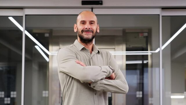 A middle-aged, fair-skinned businessman is in an empty office environment with a blurred background, crossing his arms and smiling as he looks at the camera