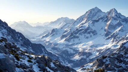 Alpine Landscape Under Clear Midday Sky, High-Resolution Mountain Photography with Precise Rock and Snow Textures