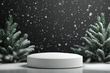 White podium with fir trees and falling snow. Display for winter holidays, New Year and Christmas product presentation with generative ai
