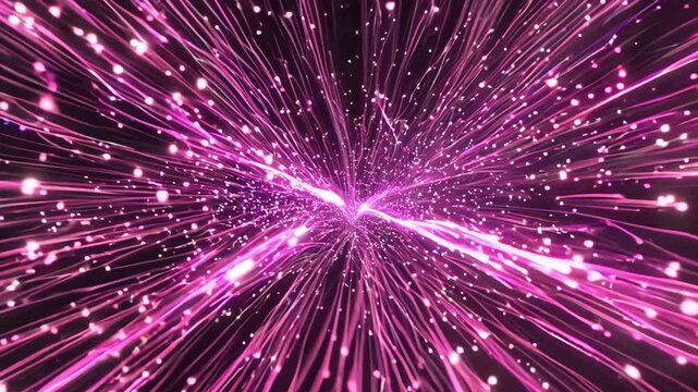 Movement through neon pink particles concentrated in the center. Outer space effect with particles.