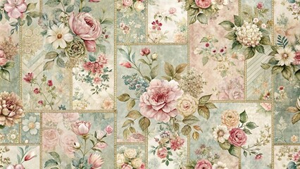 A vintage floral pattern with delicate blooms arranged in a patchwork design, featuring soft pastel hues and intricate details