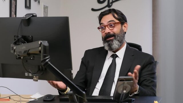 A middle-aged, dark-haired, bearded businessman is in  office at desk, clapping his hands during a video meeting on his computer to congratulate his employees