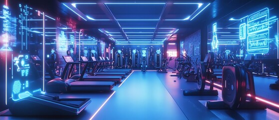 Design a digital rendering of a futuristic gym scene with holographic resistance bands floating around, blending technology and fitness seamlessly