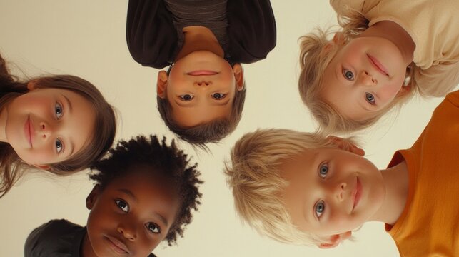6 kids multi-racial from 2 years to 9 years old looking down at camera, AI Generative