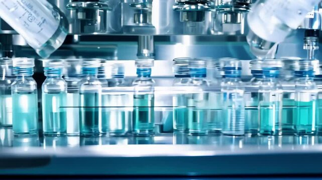 Rows of pharmaceutical vials in a high-tech laboratory, representing medical research and innovation in a sterile, professional environment.