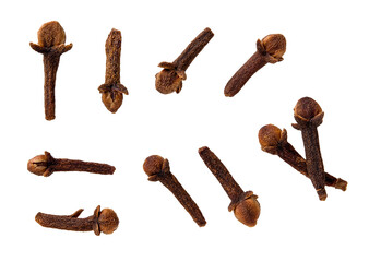 Set of whole organic clove buds cutout. Macro. Variety of dry organic cloves spice isolated on a...
