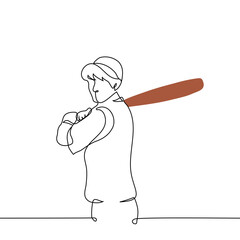 male baseball player in cap swinging bat behind back - one line art vector