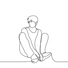 man sitting on his bottom cute and straight with his legs bent and his hands stretched to his ankles - one line art vector. concept childish behavior, cute, adult as a child