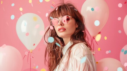 Portrait of young woman with sunglasses, surrounded by balloons and confetti on pink background