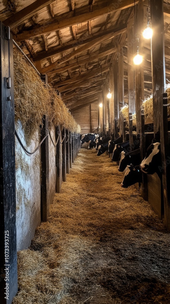 Poster a long row of cows are in a barn with hay on the ground