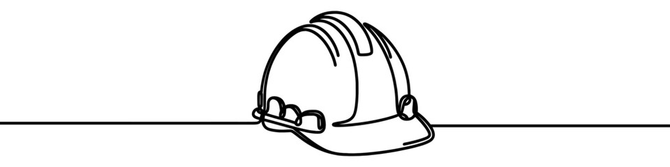 One continuous line illustration of a safety helmet, isolated on white background. Line art of safety helmet