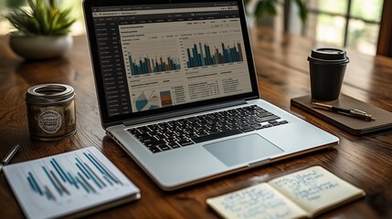 Obraz premium Detailed Analysis of Business Data on a Laptop Displayed on a Wooden Table, Featuring Analytics Graphs, Notebooks, Coffee, and Plant Decor in a Bright Environment