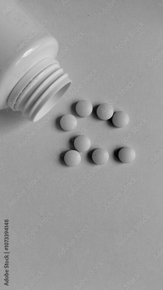 Wall mural pill bottle and pills on white background, sciense and medicine concept, pharmacy concept, for graphic design