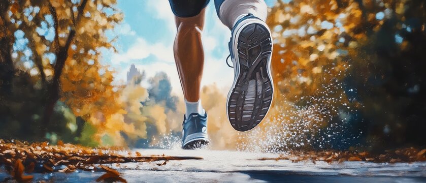 Illustrate a realistic oil painting of a focused jogger in action from a low angle, highlighting the dedication and power of the human body