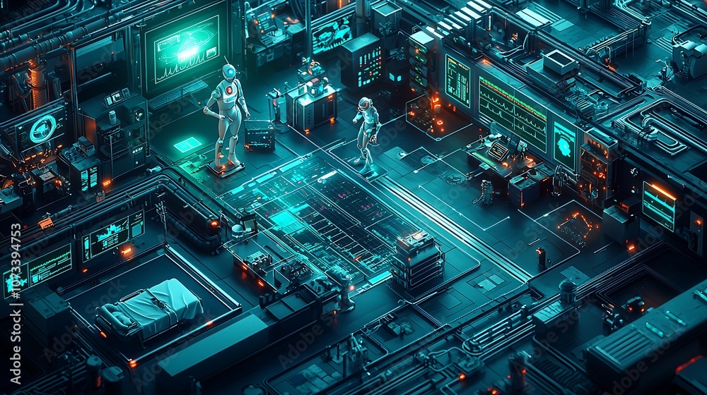 Wall mural futuristic digital space with two robots, complex network of screens and machinery in a technologica