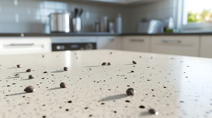 Rat droppings on kitchen counter, a reminder of the importance of cleanliness and pest control in maintaining a healthy home environment.