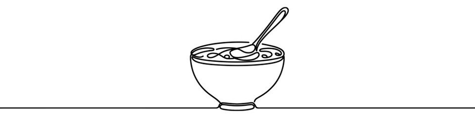 Minimalist continuous line drawing of a steaming bowl of soup, perfect for representing a warm meal. Vector illustration.