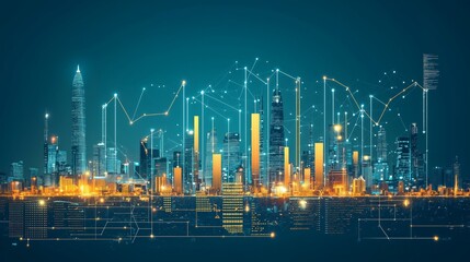 Futuristic City Skyline with Digital Network Connections and Data Visualization Elements, Showcasing Advanced Technology and Urban Development Trends at Night
