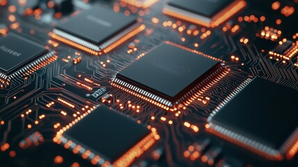 Automated Assembly Line for Producing Intricate Electronics with Detailed Circuitry and Microchips on a Vibrant Background