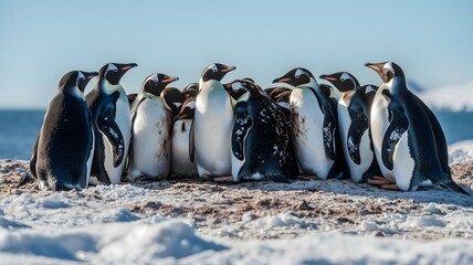 Obraz premium Group of penguins huddling together on snowy terrain in Antarctica, with a clear blue sky. Engaging wildlife photo for natural and environmental themes.
