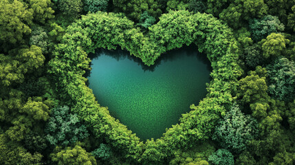 Heart-shaped lake surrounded by lush forest from above