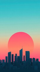 Obraz premium A vibrant sunset casts a pink glow over a silhouette of a modern city skyline, blending shades of teal and orange in a tranquil evening sky.