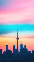 Fototapeta premium A vibrant sunset over a city skyline featuring a prominent tower, with colorful pastel hues filling the sky.
