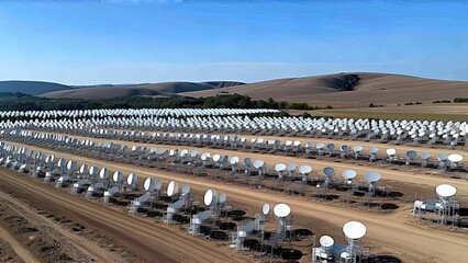 Earth receiving station in a remote desert location, where satellite signals are decoded and transmitted to control centers. The scene symbolizes global connectivity and the seamless flow of informati