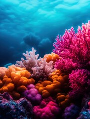 A vibrant underwater scene showcasing colorful coral formations in various shapes and shades, surrounded by clear blue water.