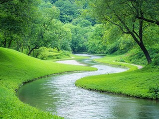 A freshwater river meandering through a forest, gentle curves reflecting the sunlight, surrounded by vibrant greenery and wildlife, tranquil and serene